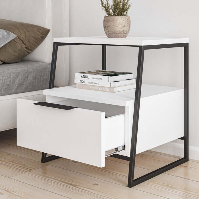 Hanah Home Pal - White v2 Mesilla de Noche Moderna Elegante 45x50x41 cm Blanco y Negro